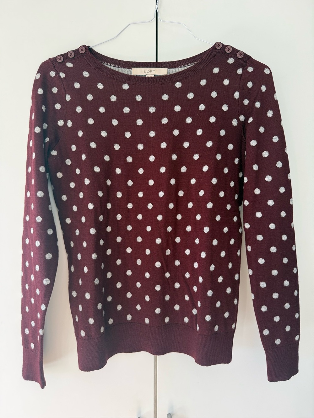 LOFT Burgundy Polka Dot Wool Blend Sweater Button Shoulder S